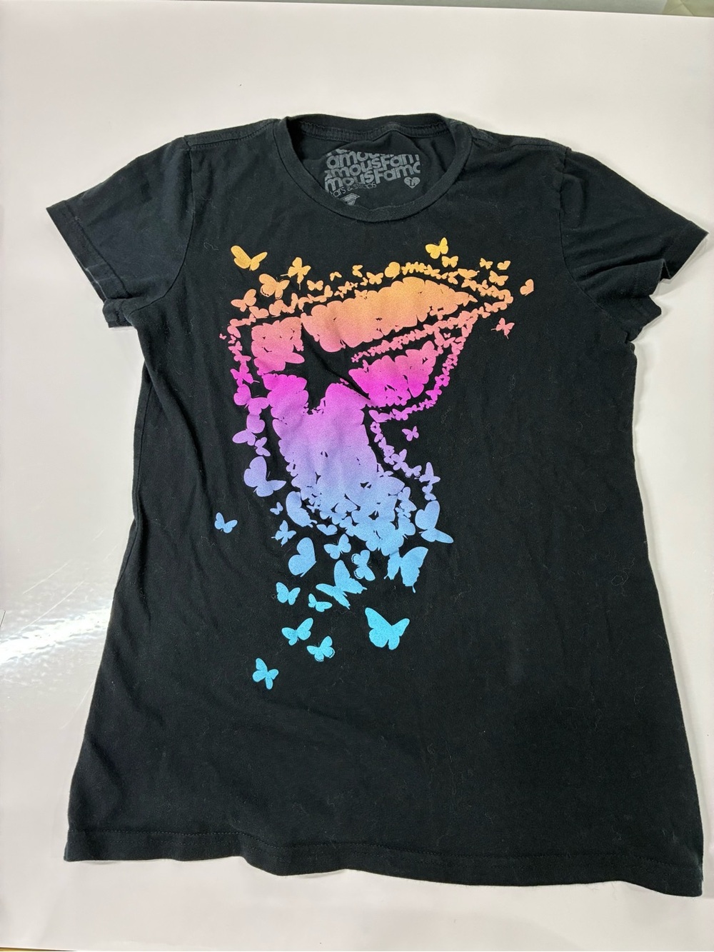 Famous Stars & Straps Black Tee with Pink-Purple-Blue Butterfly Gradient